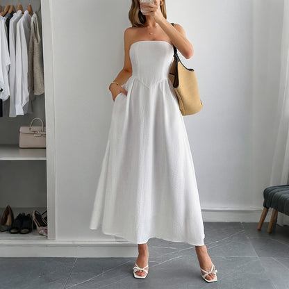 Women Clothing Summer Elegant Tube Top A line Dress Dee