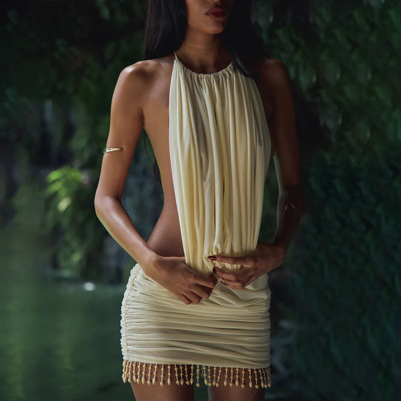 Vestido corto ajustado de verano para mujer, sexy, sin espalda, elegante, de color liso, ajustado y ajustado.