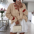 Outer Wear Stitching Sweater Coat Lace up Love Jacquard Knitted Cardigan Women