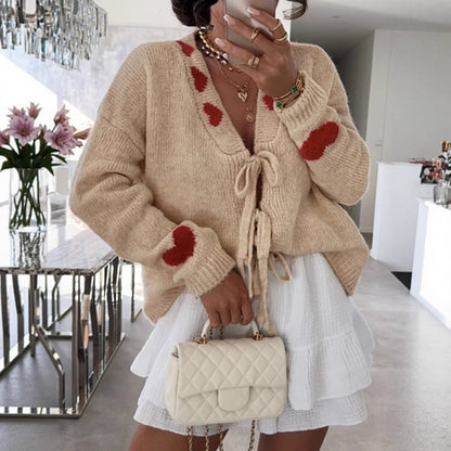 Outer Wear Stitching Sweater Coat Lace up Love Jacquard Knitted Cardigan Women