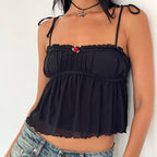 Wrapped Chest Lace up Bow Small Slip Top Sexy Solid Color Lace Curling Top Women Eedele