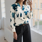 Camisa informal artística de primavera y otoño con estampado floral de tinta de manga larga