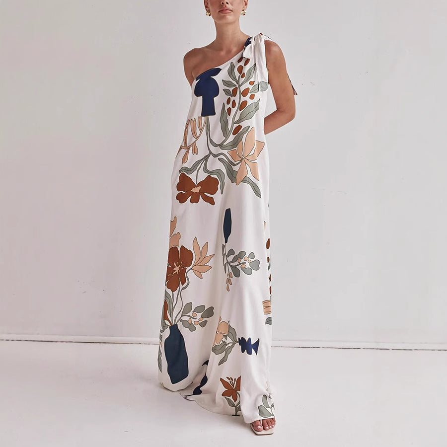 Vestido informal holgado con bolsillos y estampado de hombros oblicuos para vacaciones de primavera y verano