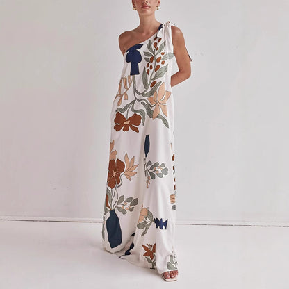 Vestido informal holgado con bolsillos y estampado de hombros oblicuos para vacaciones de primavera y verano