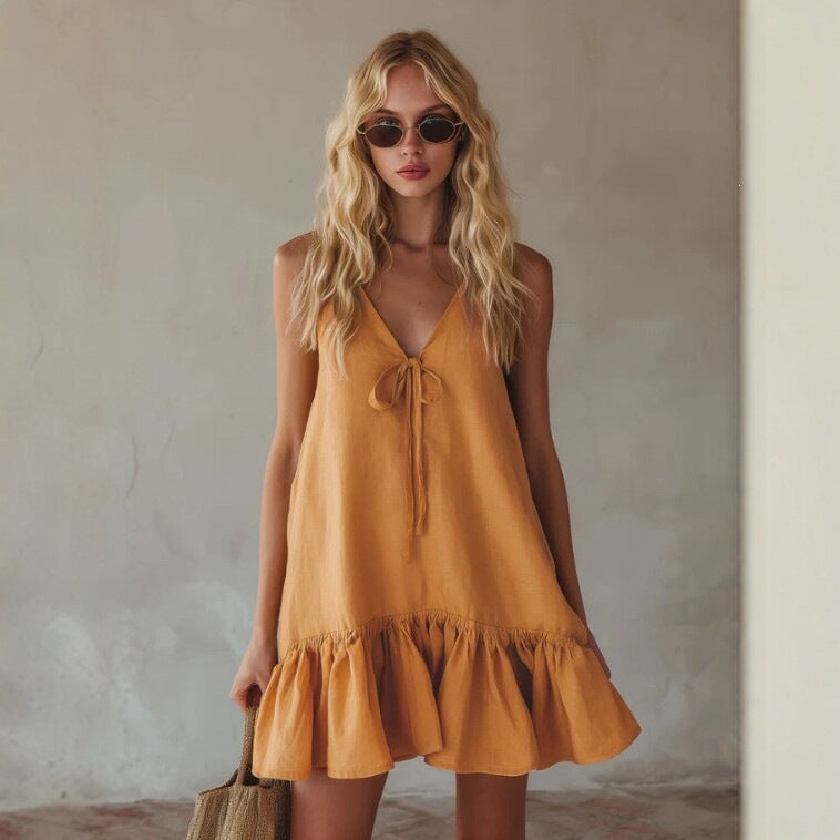 Summer Retro Vacation V neck Sleeveless Ruffled Loose Dress Eping