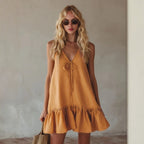 Summer Retro Vacation V neck Sleeveless Ruffled Loose Dress Eping