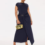 Summer Women Solid Color round Neck Slim Slimming Slit Dress WensDiva