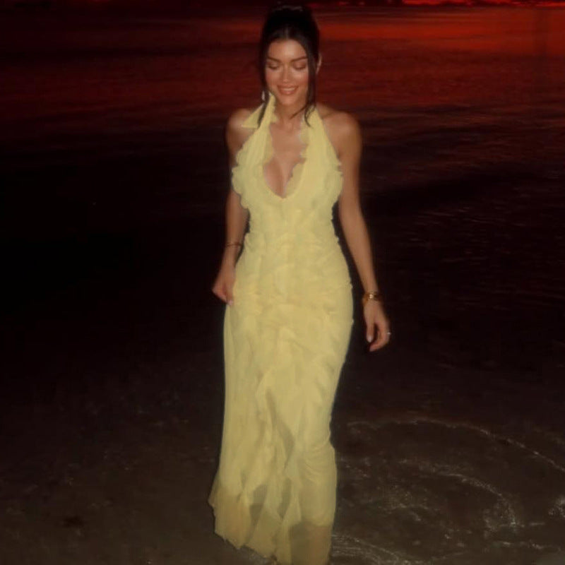 Women Clothing Fashionable Temperamental All Match Solid Color Deep V Plunge Sexy Halter Backless Sling Dress