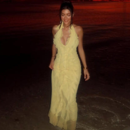 Women Clothing Fashionable Temperamental All Match Solid Color Deep V Plunge Sexy Halter Backless Sling Dress