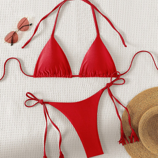 Traje de baño de bikini con borlas atadas de color sólido, traje de baño sexy con espalda en T para mujer con abertura