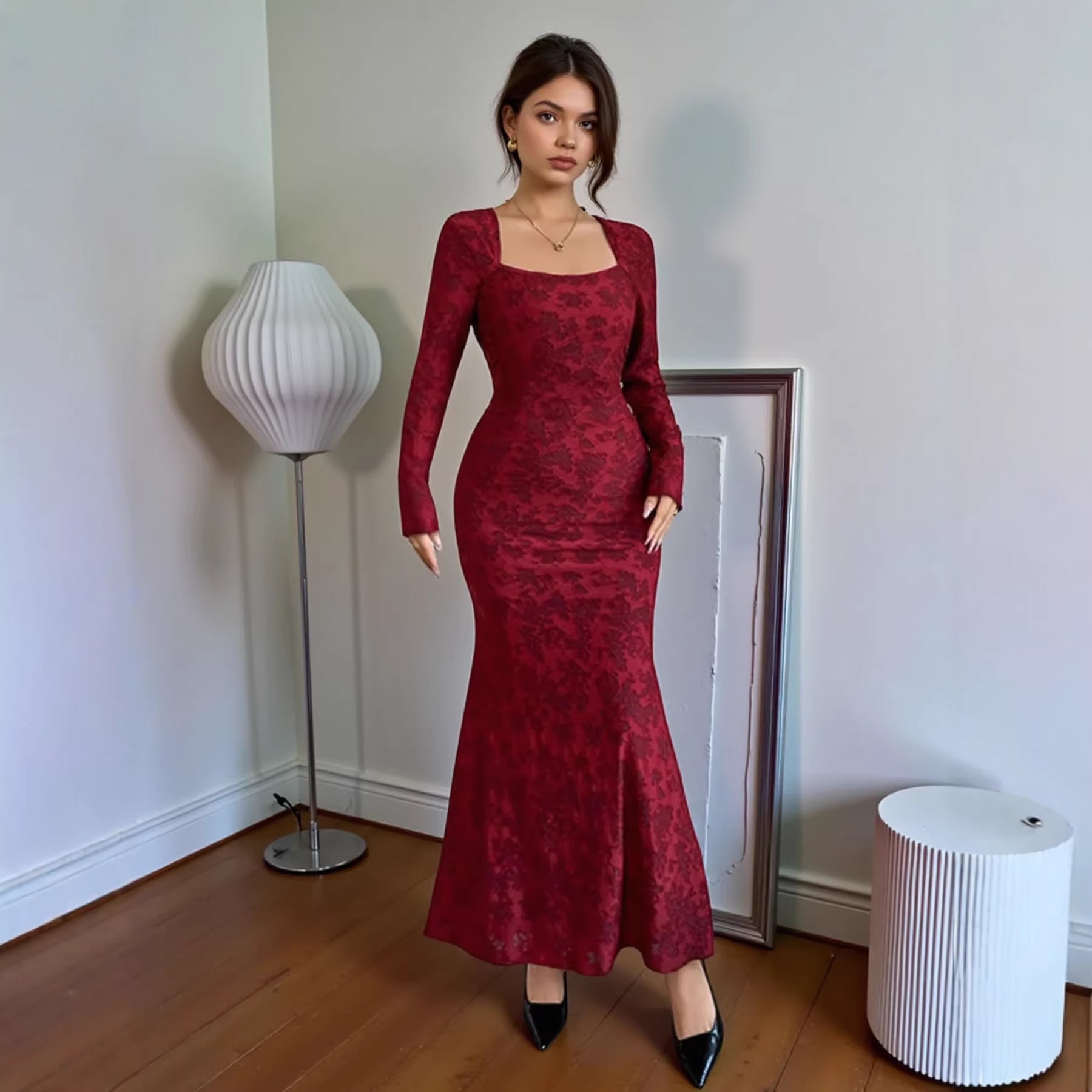 Spring Dress Elegant Slim Fit Square Collar Lace Long Sleeve Dress George