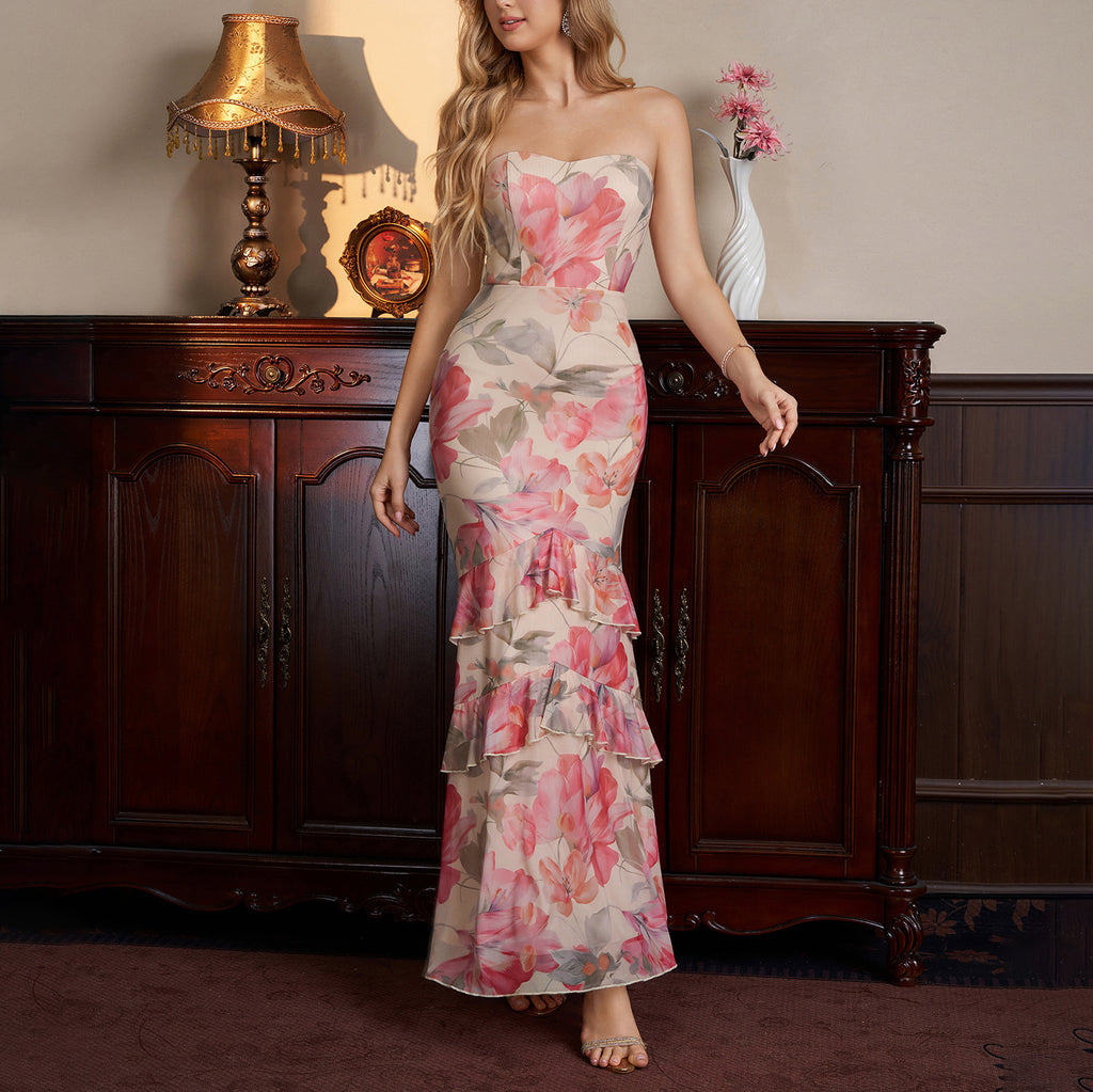 Summer Mesh Graceful Tube Top Dress Sexy Backless Slim Fit Slimming Flounce Printed Dress SUNSHINE