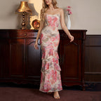 Summer Mesh Graceful Tube Top Dress Sexy Backless Slim Fit Slimming Flounce Printed Dress SUNSHINE