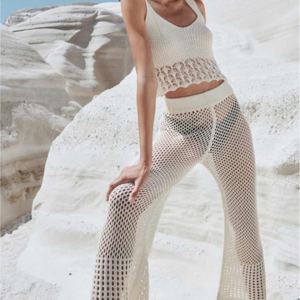 Conjunto de camiseta de playa sexy, holgada, sin mangas, con aberturas y pantalones casuales para vacaciones, a prueba de sol