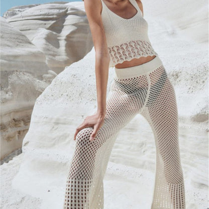 Sexy Hollow Out Cutout out See through Loose Sleeveless Beach Shirt Casual Vacation Trousers Sun Proof Set