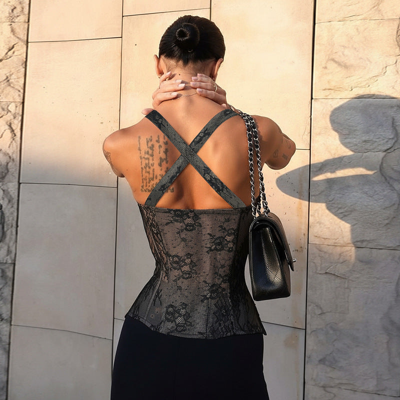 Top tube sexy en dentelle à taille basse, gilet ajusté assorti pour femme, idéal pour l'automne.