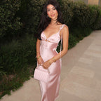 Robe d'été sexy en satin à bretelles et col en V, sans manches, à nouer soi-même, pour femme