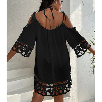 Blusa de traje de baño con encaje recortado y tirantes al hombro, sexy, de color liso, holgada, informal, para vacaciones en la playa y protección solar