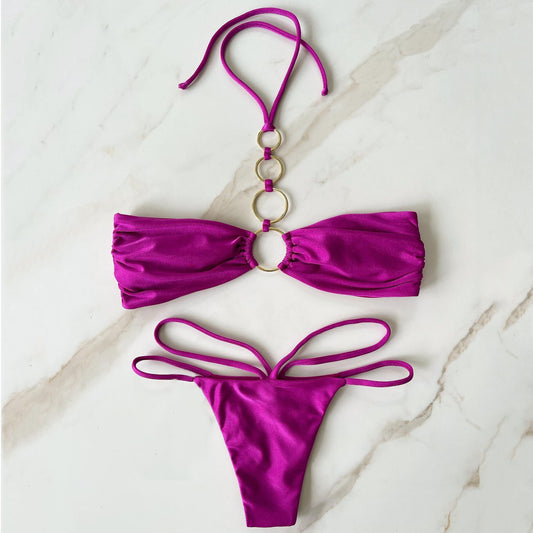 Bikini de cintura baja con tirantes en color liso y parte superior de tubo para mujer