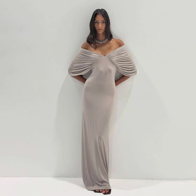 Spring Women Clothing Sexy off Neck Sleeve Slim Solid Color Maxi Dress Women YIMAIL