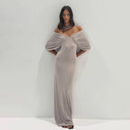 Spring Women Clothing Sexy off Neck Sleeve Slim Solid Color Maxi Dress Women YIMAIL