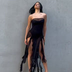 Women Clothing Summer Sexy Tube Top See through Korean Net Stitching Jellyfish Lace Dress Bailess