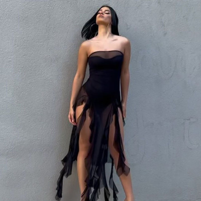 Women Clothing Summer Sexy Tube Top See through Korean Net Stitching Jellyfish Lace Dress Bailess