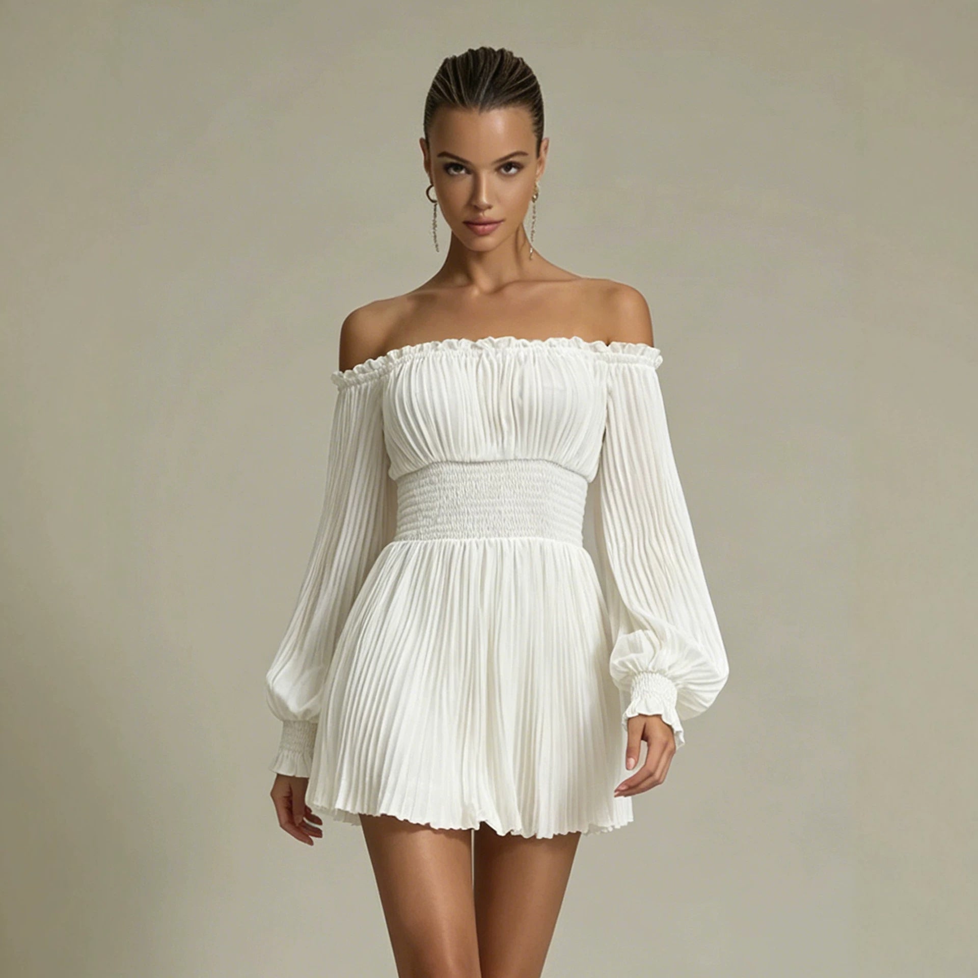 Vestido informal francés plisado de verano para mujer con cuello barco, manga larga y cintura fruncida que estiliza