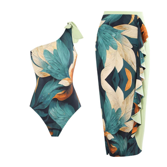 Retro One Piece Swimsuit Sexy One Shoulder Swimwear Printed Beach Skirt Set