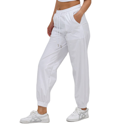 Pantalones de mujer Street Trend, pantalones bronceados con banda en el tobillo, pantalones deportivos de cuero brillante, ropa holgada de alto rendimiento