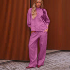 Stand up Collar 3/4 Sleeve Cardigan Shirt Loose Trousers Casual Two Piece Sets Shirt Women Kigali