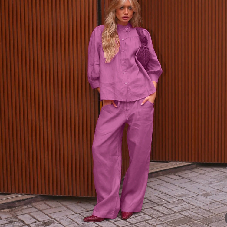 Stand up Collar 3/4 Sleeve Cardigan Shirt Loose Trousers Casual Two Piece Sets Shirt Women Kigali