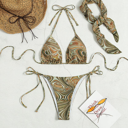 Women Swimsuit Split Printed Swimsuit Lace up Sexy Summer Women Bikini
