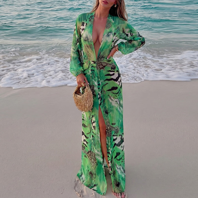 Summer Women Sexy Backless Deep V Plunge Split Long Sleeve Dress Cecil