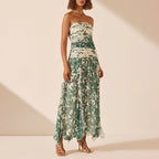 Artistic Retro Printed Tube Top Dress Dignified Sense of Design Pleated Long Mesh Dress Women Ory