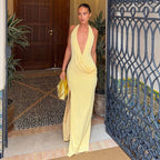 Women Clothing Summer Sexy Low Cut Deep V Plunge neck Halter Strap Backless Slit Dress Flash Vision
