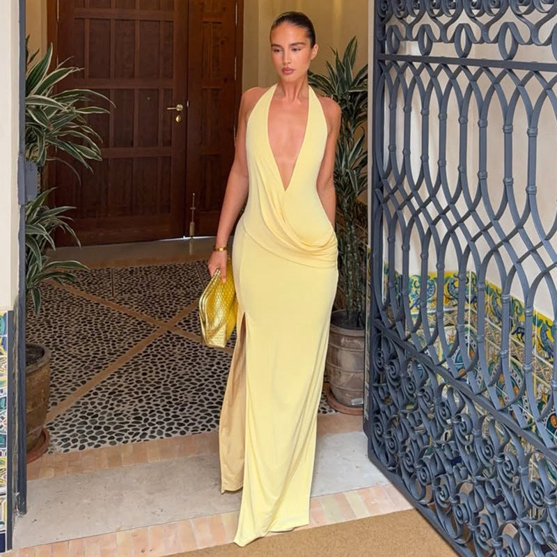 Women Clothing Summer Sexy Low Cut Deep V Plunge neck Halter Strap Backless Slit Dress Flash Vision