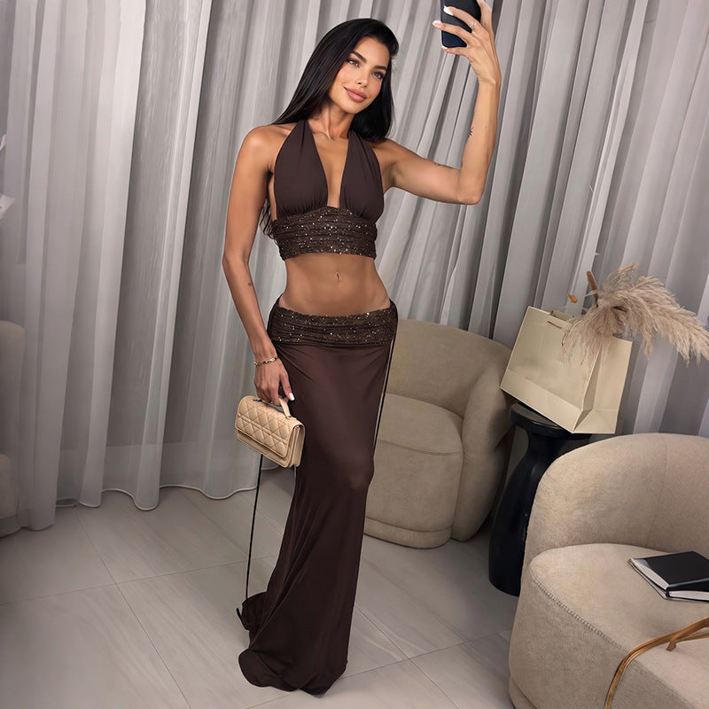 Summer Sexy Deep V Plunge Halter Lace up Top Sequined Low Waist Skirt Set YIMAIL