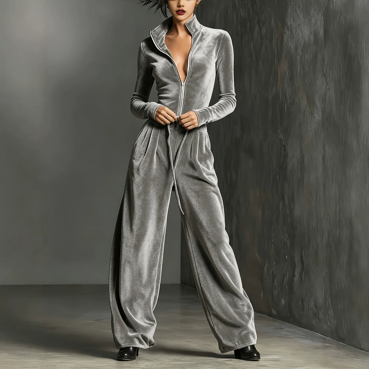 Velvet Long Sleeve Zipper Jumpsuit Casual High Waist Lace up Wide Leg Slim Fit Bodysuit Venly