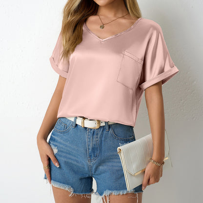 Women Satin T shirt Spring Summer Loose Pockets Curling Short Sleeved Casual Top