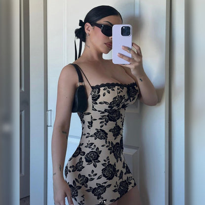 Spring Women Clothing Backless Strap Slim Retro Printed Sheath Dress for Women