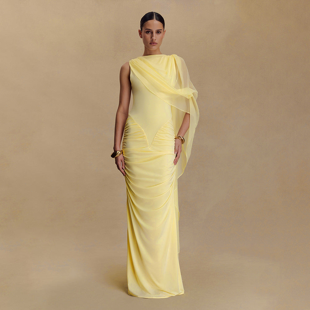 Robe châle plissée en maille tendance, robe fourreau sexy à col rond et coupe cintrée