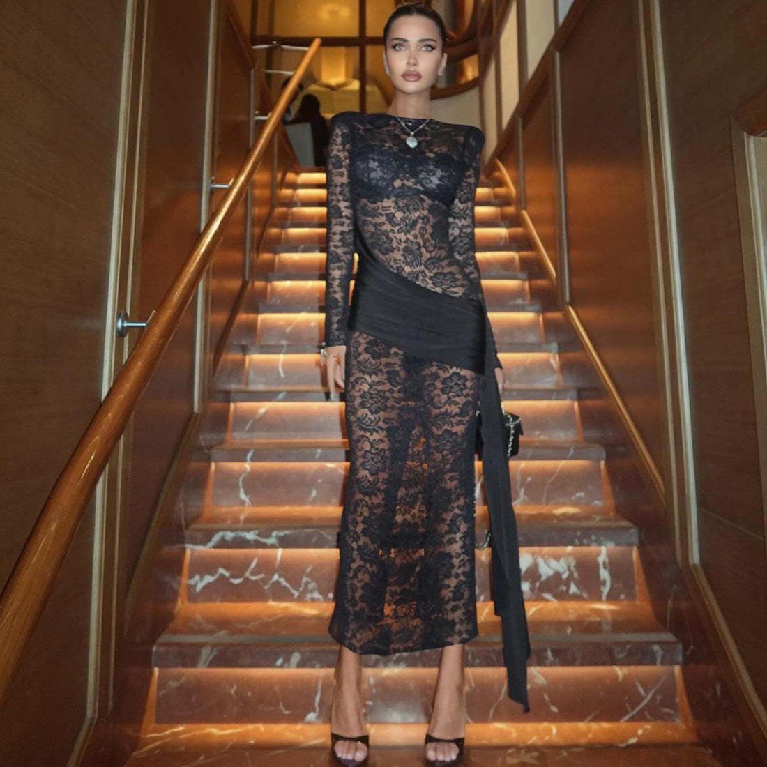 Vestido elegante de manga larga con abertura lateral y cuello redondo transparente para mujer Otoño Invierno