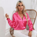 Camisa de satén con cuello real popular para mujer, camisa de manga larga de seda artificial de satén, ropa para mujer