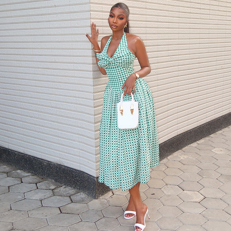 Women Clothing Elegant Wild Date Color Matching A line Dress V neck Halter Sleeveless Plaid Dress Kinci