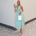 Women Clothing Elegant Wild Date Color Matching A line Dress V neck Halter Sleeveless Plaid Dress Kinci