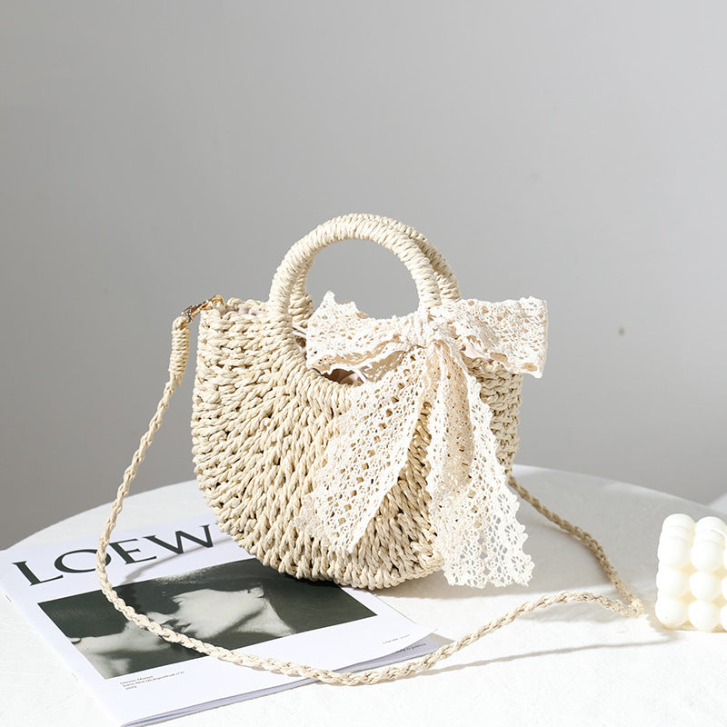 Petit sac à bandoulière pour femme, tissé à la main avec nœud en dentelle, sac à bandoulière portable en paille tissée 