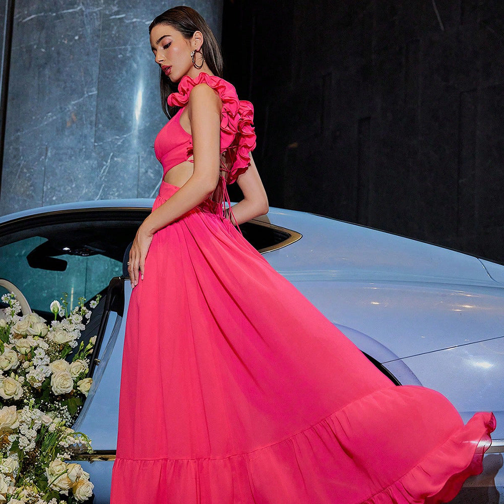 Summer Popular Chiffon Floral Dress Backless Cross Rope Pleated Large Swing Dinner Dress TAJA