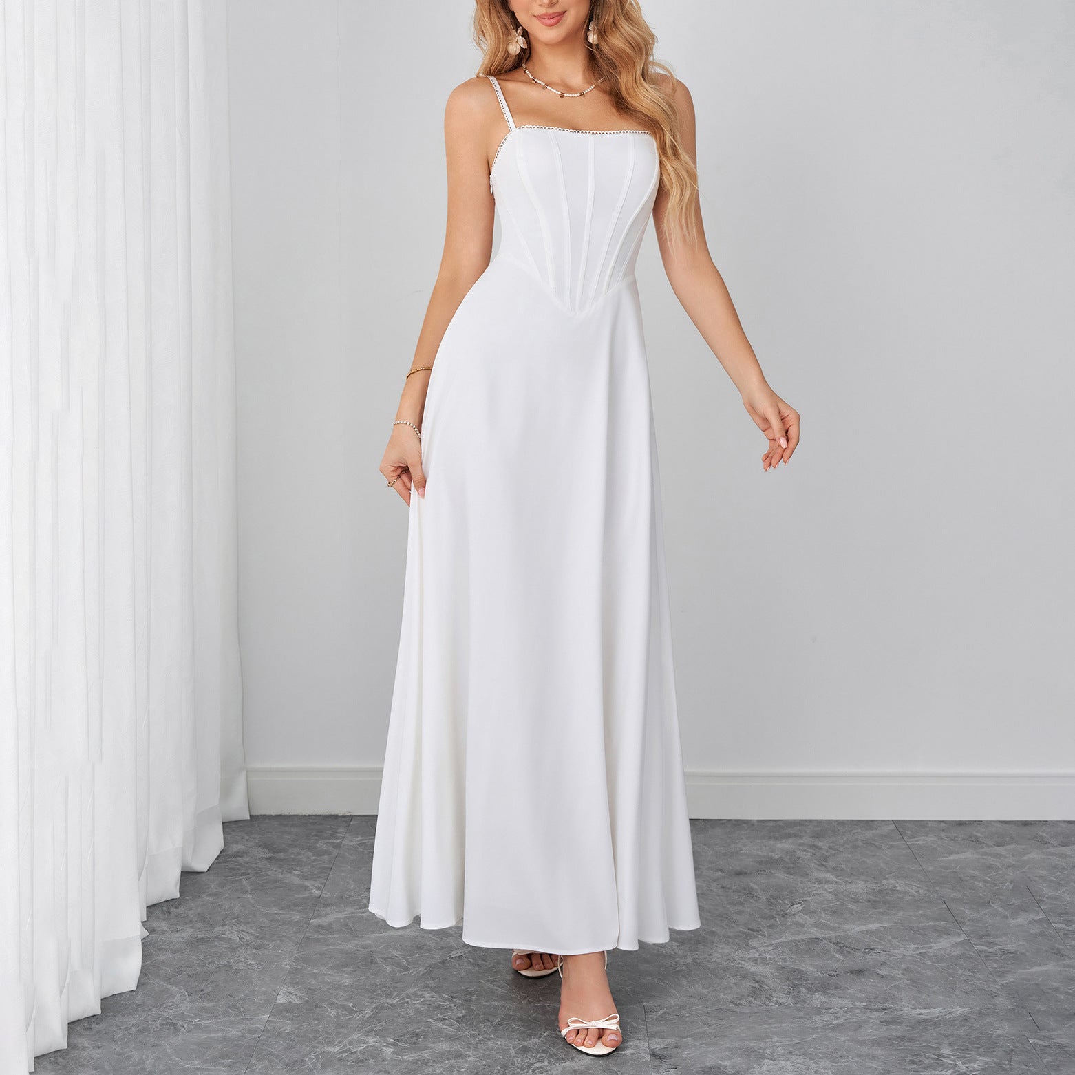 Summer Cami Dress Sexy Backless Lace up Waist Slimming Boning Corset Maxi Dress SUNSHINE