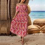 Summer Women Clothing Vacation off-Shoulder Printed Dress HUNDRED
